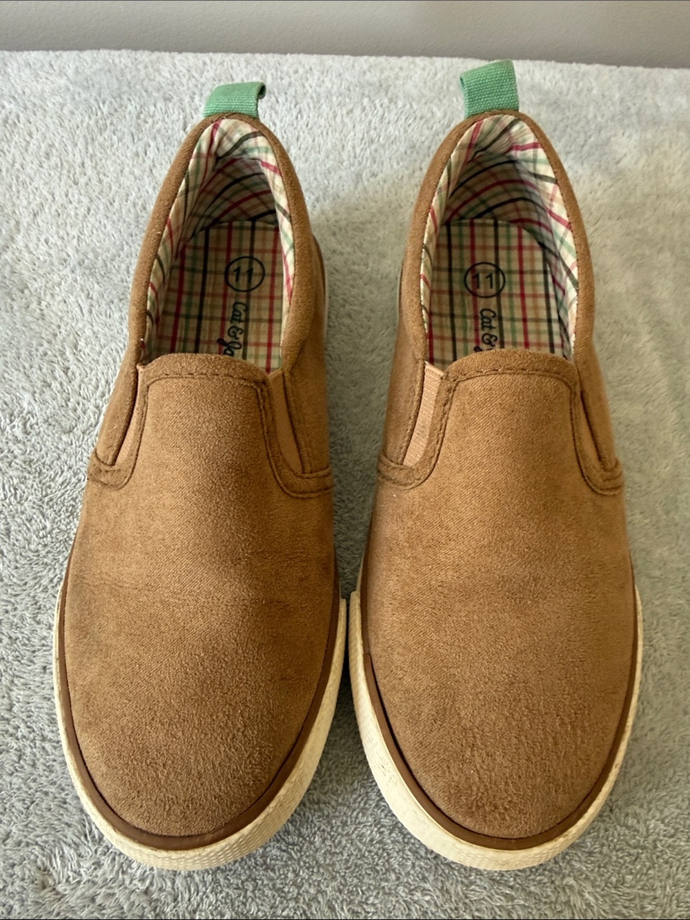 Cat & Jack Tan Suede-Look Kids Slip-On Loafers with Aqua Heel Loop